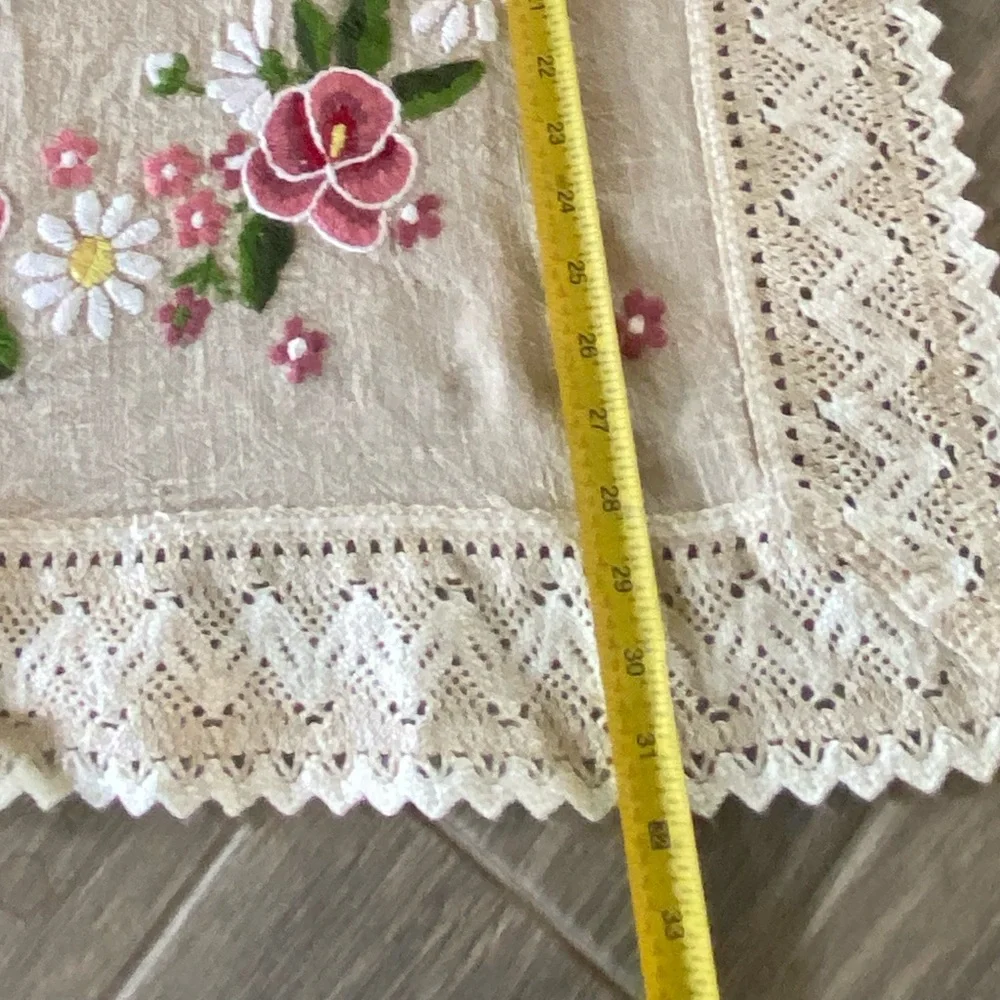 Embroidered Floral Cream Tablecloth with Lace Trim 30”/30” approx.